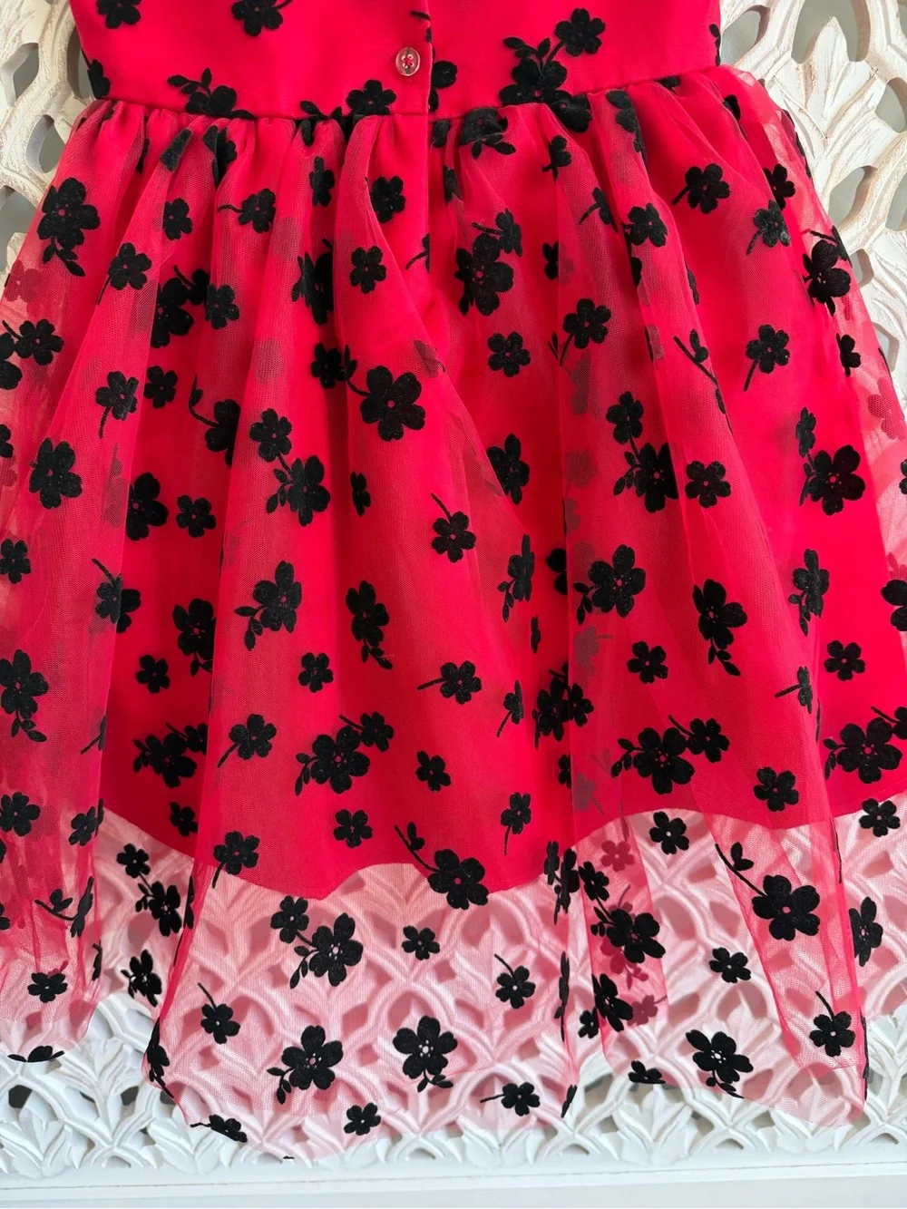 Blueberi Boulevard Red & Black Floral Tulle Party Dress, 7/8